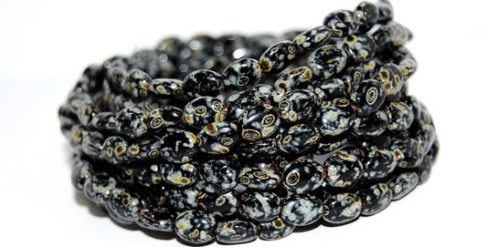 Oval Pressed Glass Beads, Black Travertin (23980 86800), Glass, Czech Republic