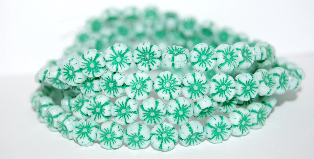 Hawaii Flower Pressed Glass Beads, White 46450 (2010 46450), Glass, Czech Republic