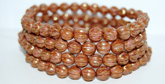 Melon Round Pressed Glass Beads With Stripes, Chalk White Stain With Luster Red (3000 65491), Glass, Czech Republic