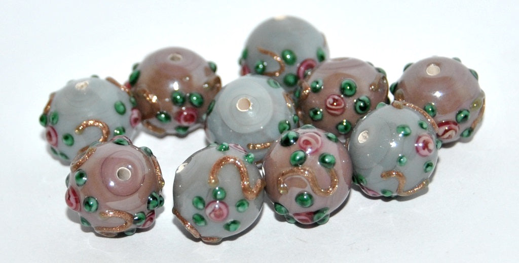 Czech Glass Hand Made Round Lampwork Beads With Flower, (G), Glass, Czech Republic