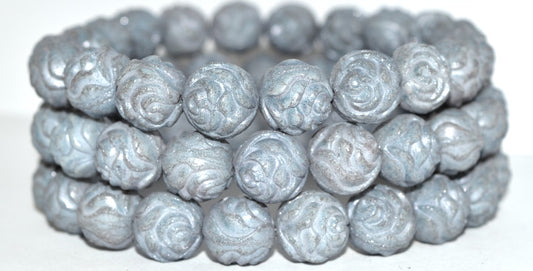 Round Rose Pressed Glass Beads, Luster Blue Full Coated Antiq (14464 Antiq), Glass, Czech Republic