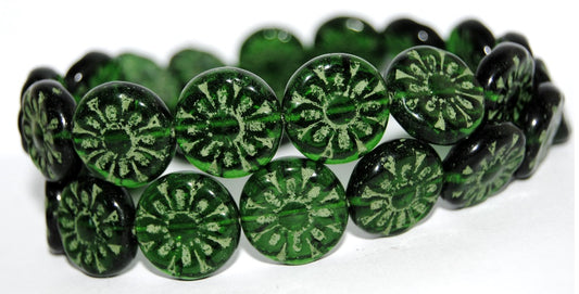 Flat Round With Flower Pressed Glass Beads, Transparent Green Emerald 55202 (50720 55202), Glass, Czech Republic
