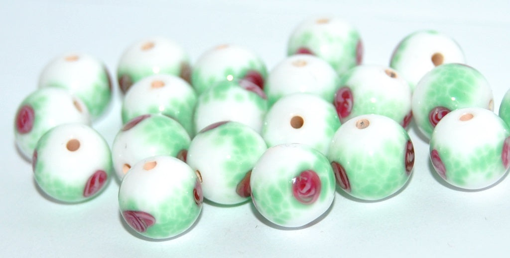 Czech Glass Hand Made Round Lampwork Beads With Flower, (A), Glass, Czech Republic