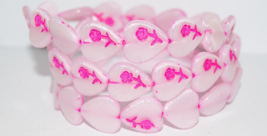 Heart Pressed Glass Beads With Flower, Opaque Pink 46470 (76000 46470), Glass, Czech Republic
