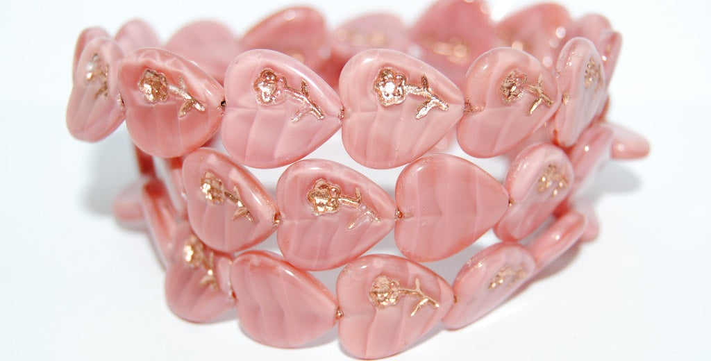 Heart Pressed Glass Beads With Flower, (76027 54200), Glass, Czech Republic