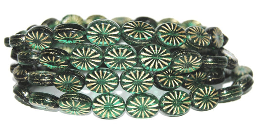 Flat Oval Pressed Glass Beads With Rays, Transparent Green Emerald 54202 (50710 54202), Glass, Czech Republic