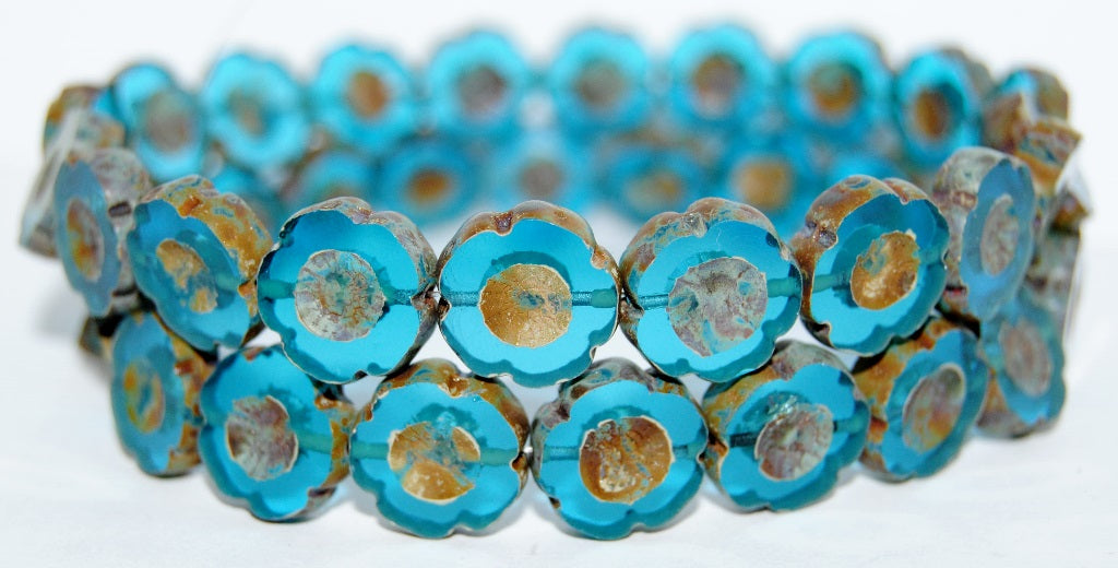 Table Cut Round Beads Hawaii Flowers, Transparent Aqua 86801 (60050 86801), Glass, Czech Republic