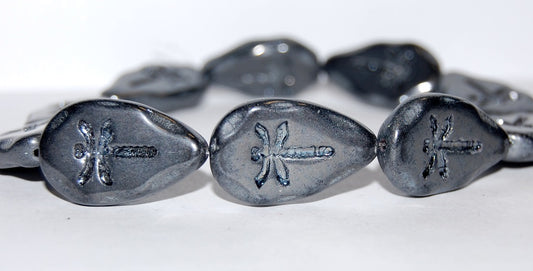 Leaf With Drahonfly Pressed Glass Beads, Black Hematite (23980 14400), Glass, Czech Republic