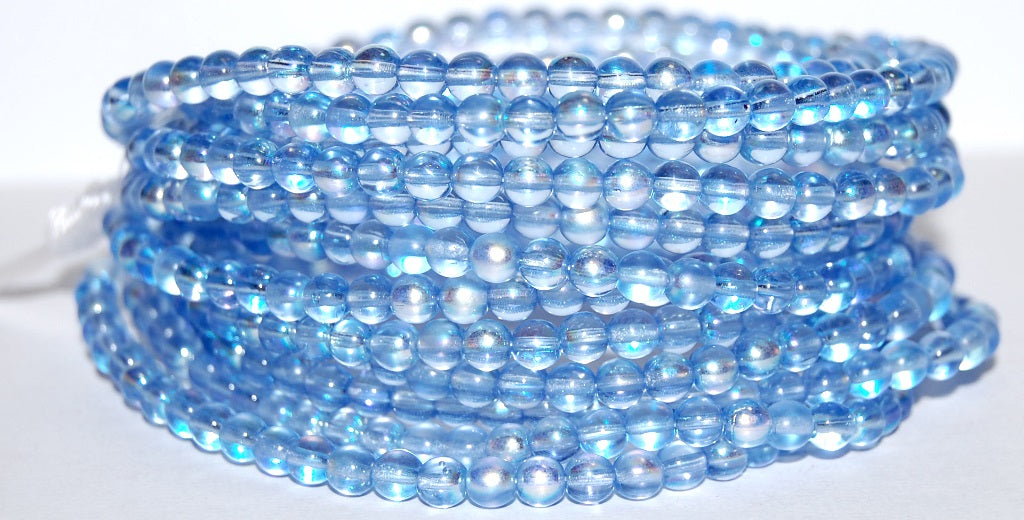 Round Pressed Glass Beads Druck, Transparent Blue Ab (30030 Ab), Glass, Czech Republic