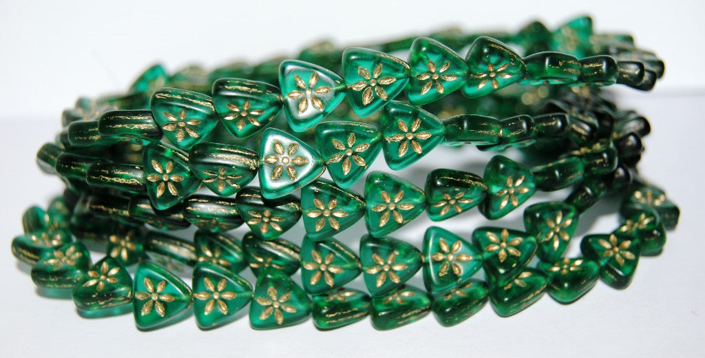 Triangle Flat Wit Flower Pressed Glass Beads, Transparent Green Emerald 54202M (50710 54202M), Glass, Czech Republic