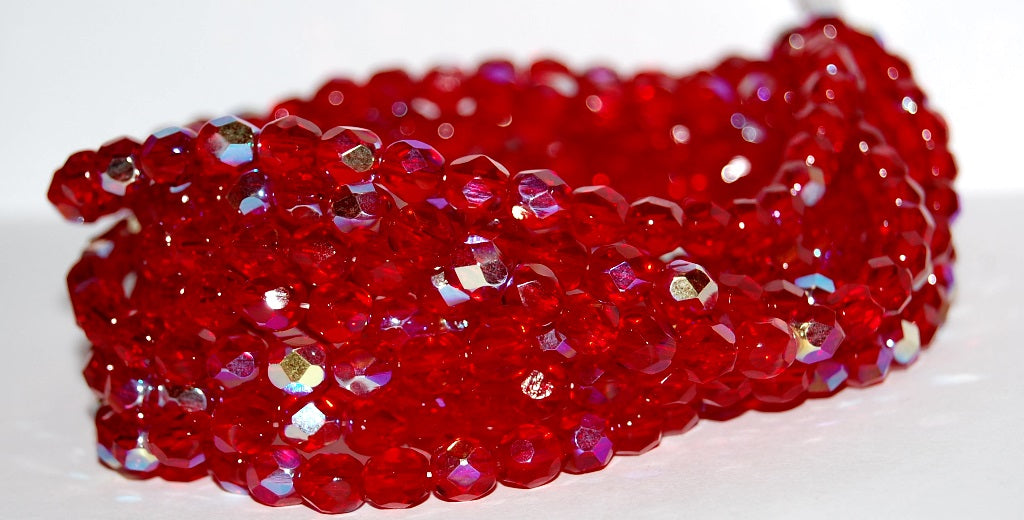 Fire Polished Round Faceted Beads, Ruby Red Ab (90080 Ab), Glass, Czech Republic