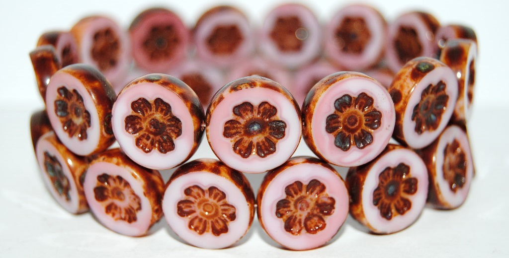 Table Cut Round Beads With Flower, Opaque Pink Travertin (73030 86800), Glass, Czech Republic