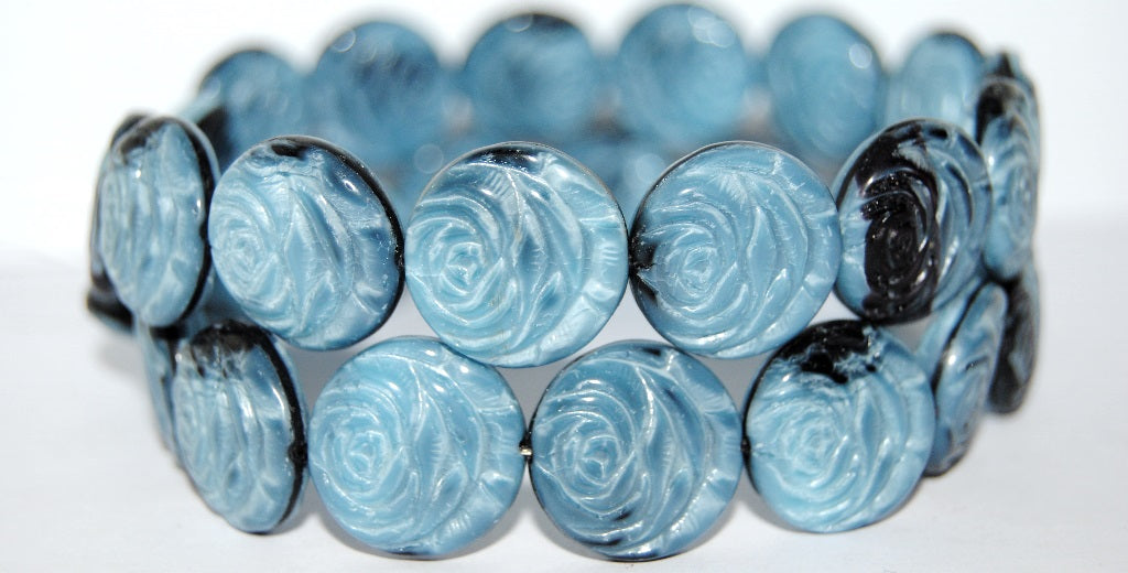 Round Flat Rose Flower Pressed Glass Beads, 17019 (17019), Glass, Czech Republic