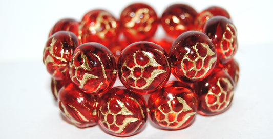 Round With Flower Pressed Glass Beads, Transparent Red 54202 (90060 54202), Glass, Czech Republic