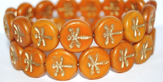 Round Flat Wit Dragonfly Pressed Glass Beads, (81260 54202), Glass, Czech Republic