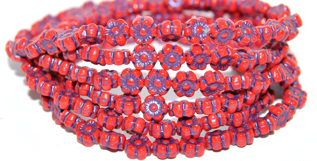 Hawaii Flower Pressed Glass Beads, Red 43812 Metalic (93190 43812 Metalic), Glass, Czech Republic