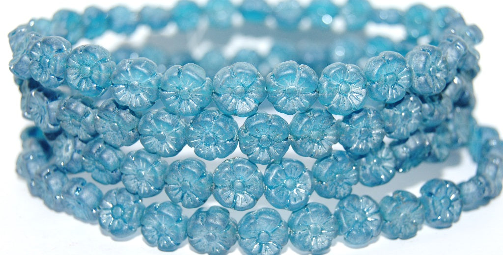 Hawaii Flower Pressed Glass Beads, Transparent Aqua Luster Cream (60210 14401), Glass, Czech Republic
