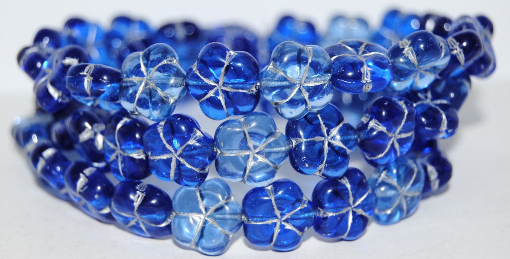 5-Petal Flower Pressed Glass Beads, Mixed Colors Blue 54201 (Mix Blue 54201), Glass, Czech Republic