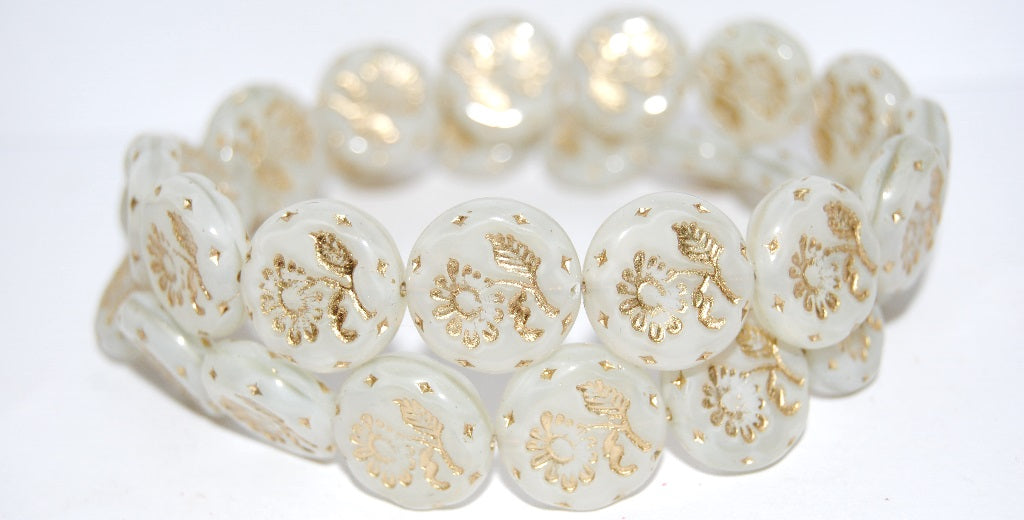 Round Flat With Flower Marguerite Pressed Glass Beads, (11000St 54202), Glass, Czech Republic