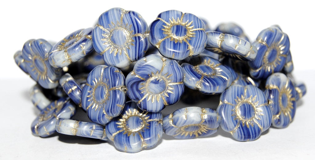Round Flat Flower Pressed Glass Beads, (35010 54202), Glass, Czech Republic