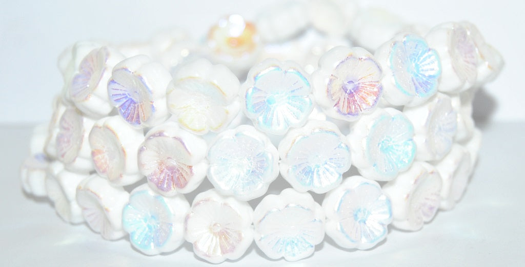 Hawaii Flower Pressed Glass Beads, White Ab 2Xside (2010 Ab 2Xside), Glass, Czech Republic