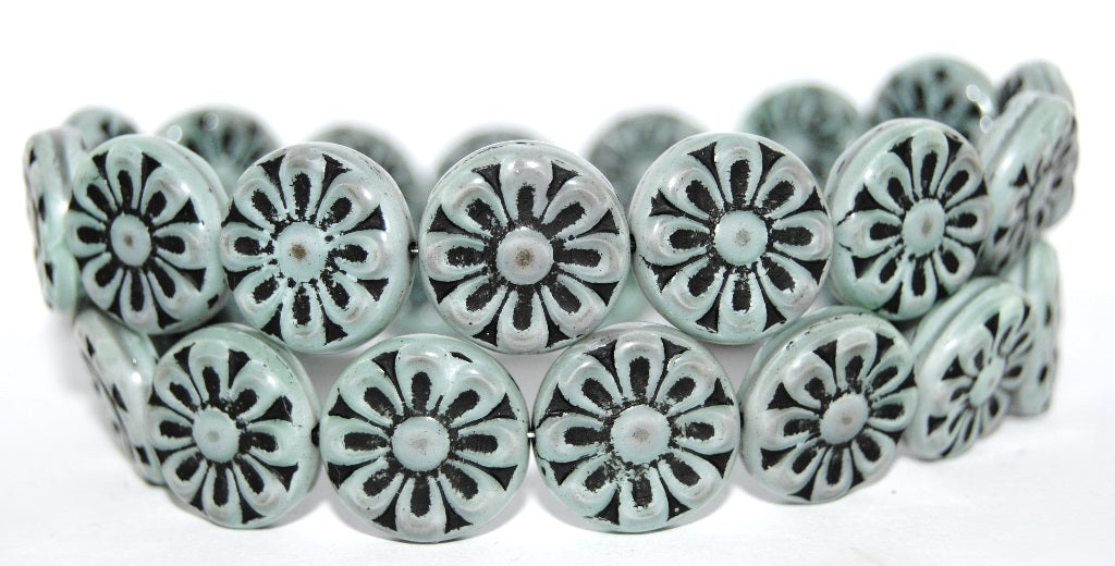 Flat Round With Flower Pressed Glass Beads, (47514 23202), Glass, Czech Republic