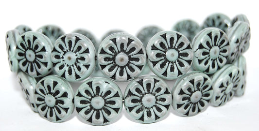 Flat Round With Flower Pressed Glass Beads, (47514 23202), Glass, Czech Republic