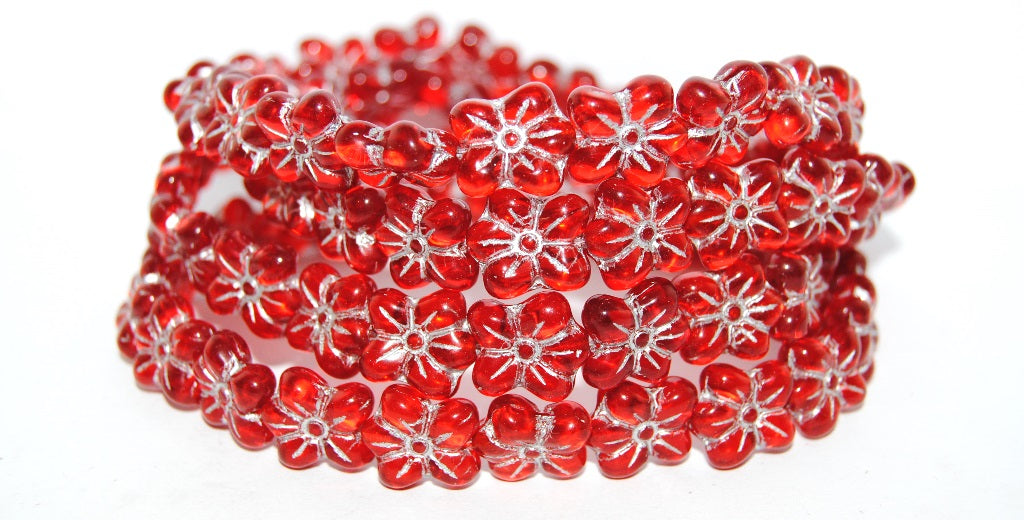 Flower Pressed Glass Beads, Transparent Red 54201 (90060 54201), Glass, Czech Republic