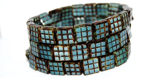 Table Cut Square Beads With Grid, Opal Aqua Travertin (61000 86800), Glass, Czech Republic