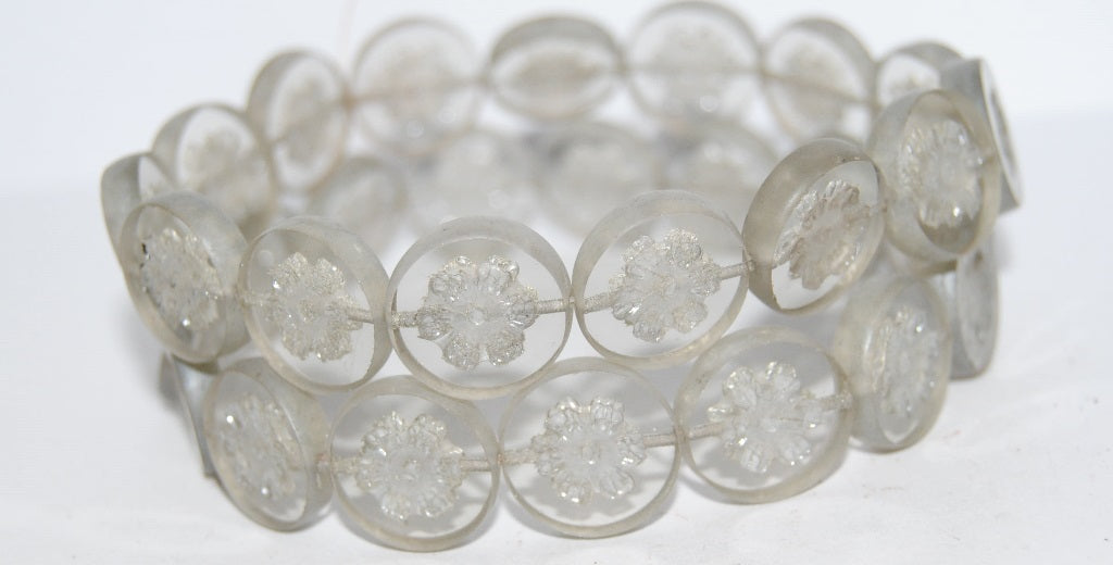 Table Cut Round Beads With Flower, Gray Luster Cream (40010 14401), Glass, Czech Republic