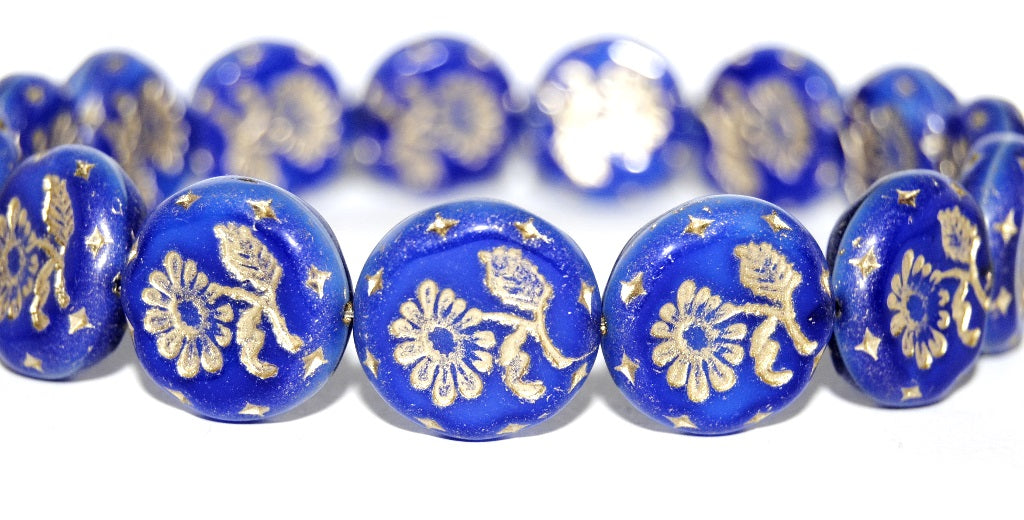 Round Flat With Flower Marguerite Pressed Glass Beads, (37005 54202), Glass, Czech Republic