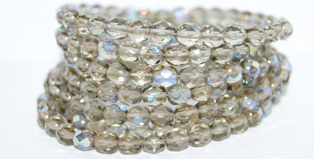 Fire Polished Round Faceted Beads, Gray Ab (40010 Ab), Glass, Czech Republic