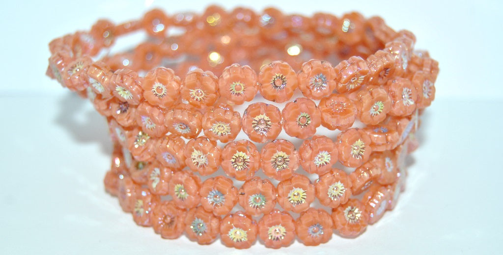 Table Cut Round Beads Hawaii Flowers, Opaque Pink Ab 2Xside (76016 Ab 2Xside), Glass, Czech Republic