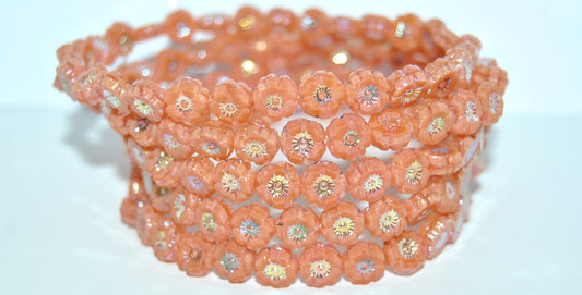Table Cut Round Beads Hawaii Flowers, Opaque Pink Ab 2Xside (76016 Ab 2Xside), Glass, Czech Republic