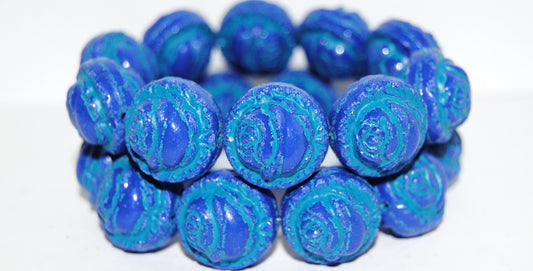 Round With Rose Flower Pressed Glass Beads, Rich Blue 46460 (33060 46460), Glass, Czech Republic
