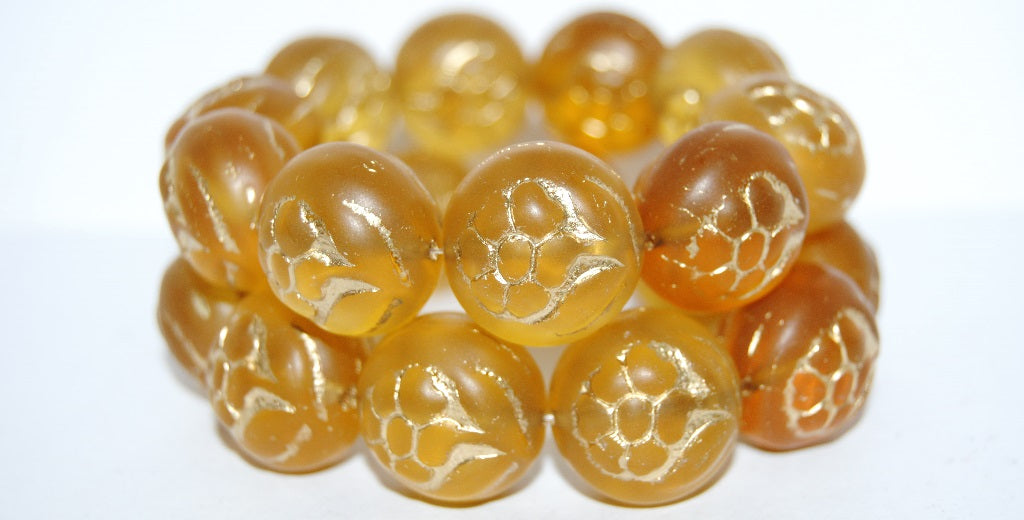 Round With Flower Pressed Glass Beads, Transparent Orange 54202M (10040 54202M), Glass, Czech Republic