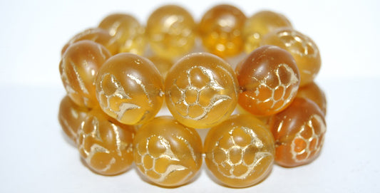 Round With Flower Pressed Glass Beads, Transparent Orange 54202M (10040 54202M), Glass, Czech Republic