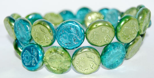 Round Flat With Flower Marguerite Pressed Glass Beads, 48210 (48210), Glass, Czech Republic