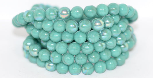 Round Pressed Glass Beads Druck, Turquoise Ab (63130 Ab), Glass, Czech Republic