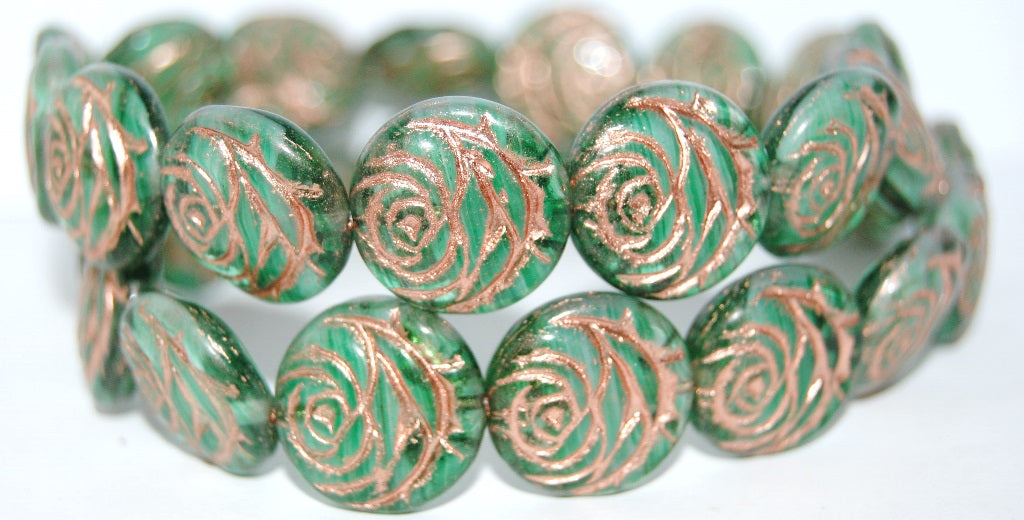 Round Flat Rose Flower Pressed Glass Beads, (55024 54200), Glass, Czech Republic