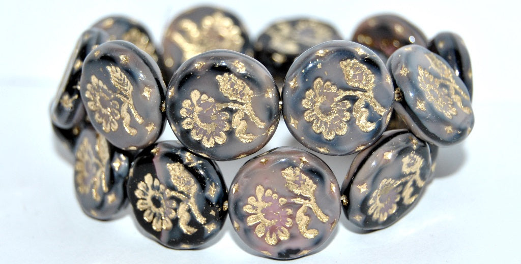 Round Flat With Flower Marguerite Pressed Glass Beads, (77029 54202), Glass, Czech Republic