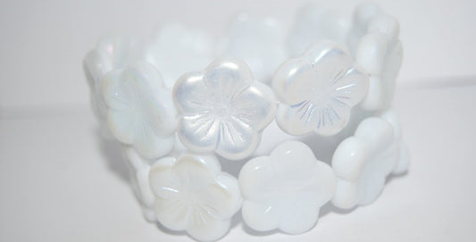 Round Flower Hibiskus Pressed Glass Beads, White Abm (2010 Abm), Glass, Czech Republic