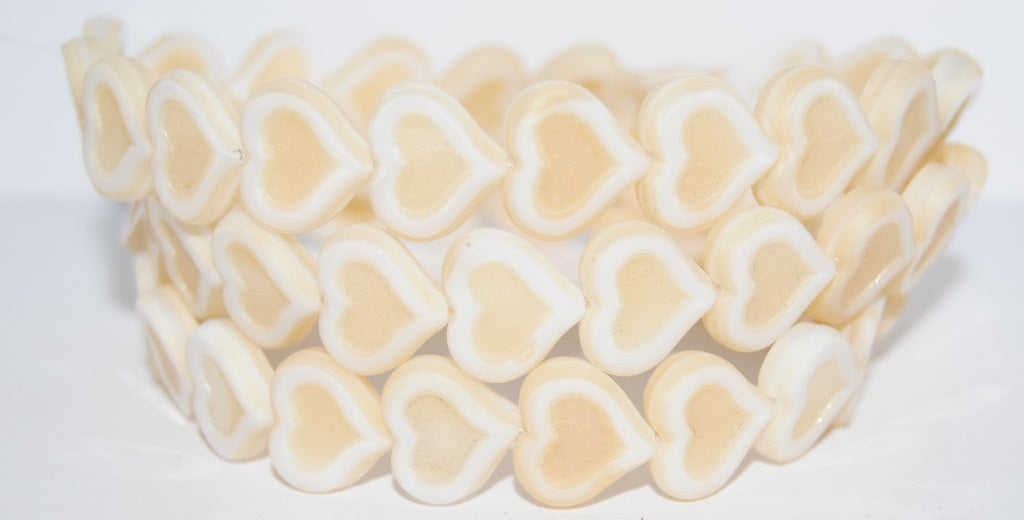 Table Cut Heart Beads With Heart, Beige Matte (7104 M), Glass, Czech Republic