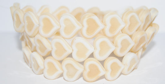 Table Cut Heart Beads With Heart, Beige Matte (7104 M), Glass, Czech Republic