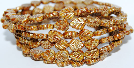 Lilac Leaf Pressed Glass Beads, Chalk White Travertin 54202 (3000 86800 54202), Glass, Czech Republic