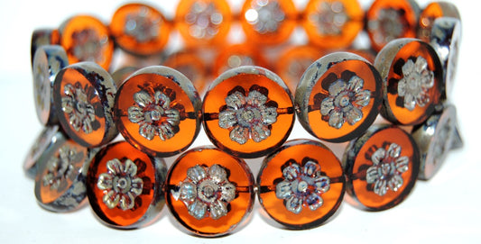 Table Cut Round Beads With Flower, Transparent Orange 43400 (90020 43400), Glass, Czech Republic