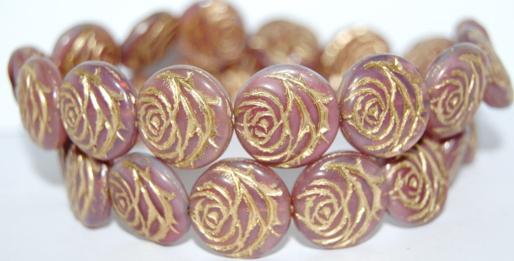 Round Flat Rose Flower Pressed Glass Beads, Opal Pink 54202 (71010 54202), Glass, Czech Republic