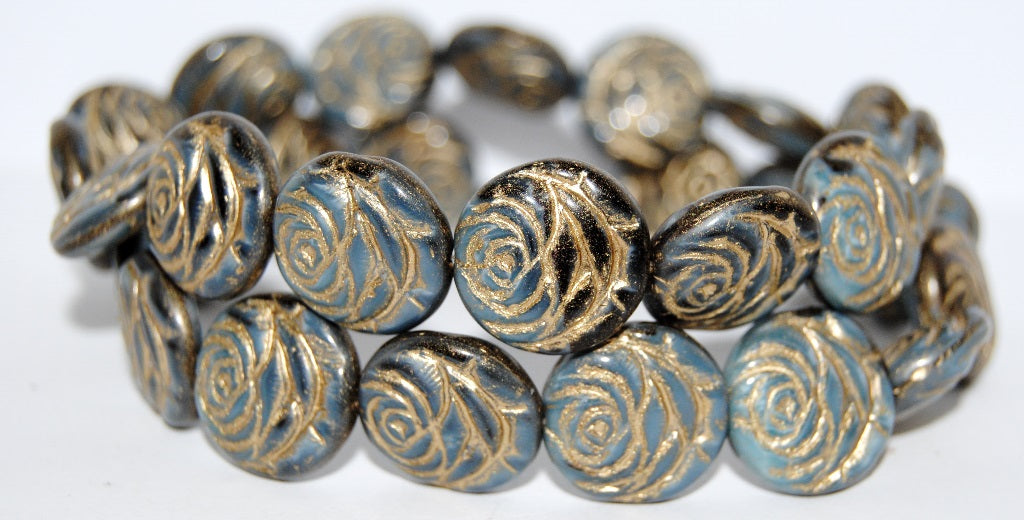 Round Flat Rose Flower Pressed Glass Beads, (17019B 54202), Glass, Czech Republic