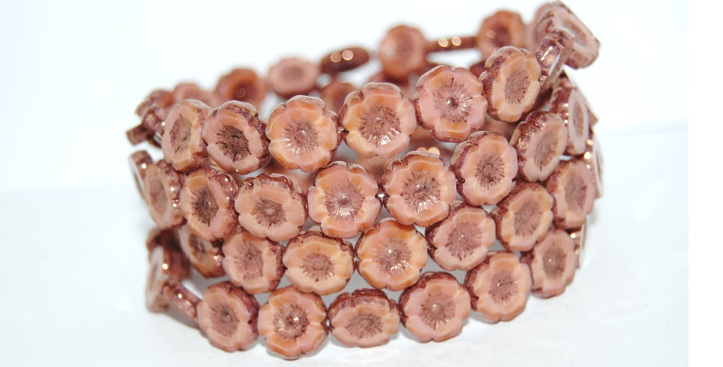 Table Cut Round Beads Hawaii Flowers, Opaque Pink Bronze (74020 14415), Glass, Czech Republic