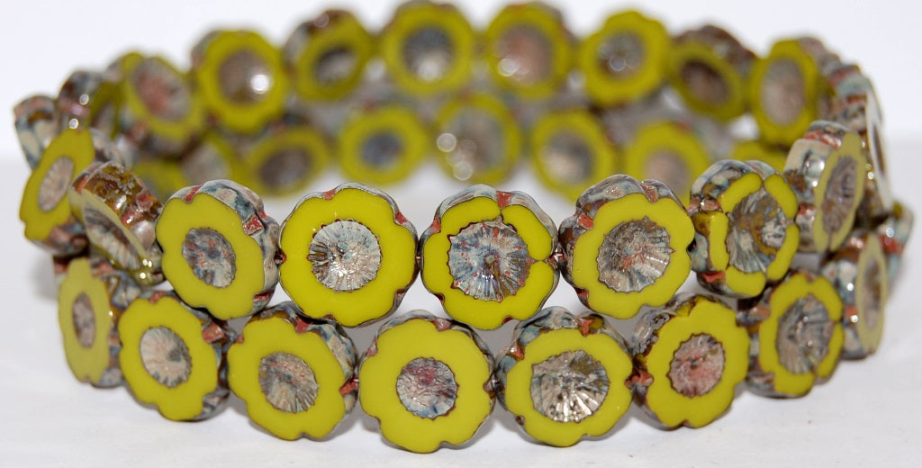 Table Cut Round Beads Hawaii Flowers, Opaque Green 43400 (53410 43400), Glass, Czech Republic